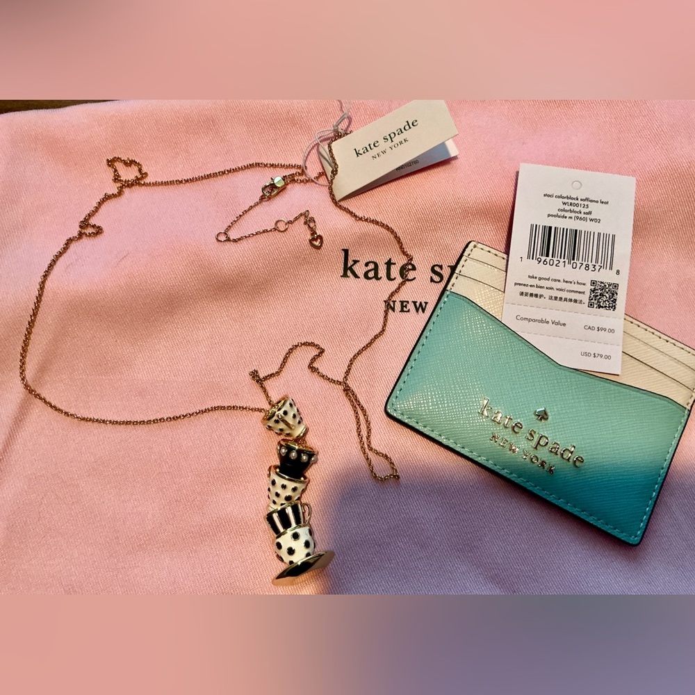 NWT KATE SPADE CUP NECKLACE AND COLORBLOCK LEATHER CARD HOLDER